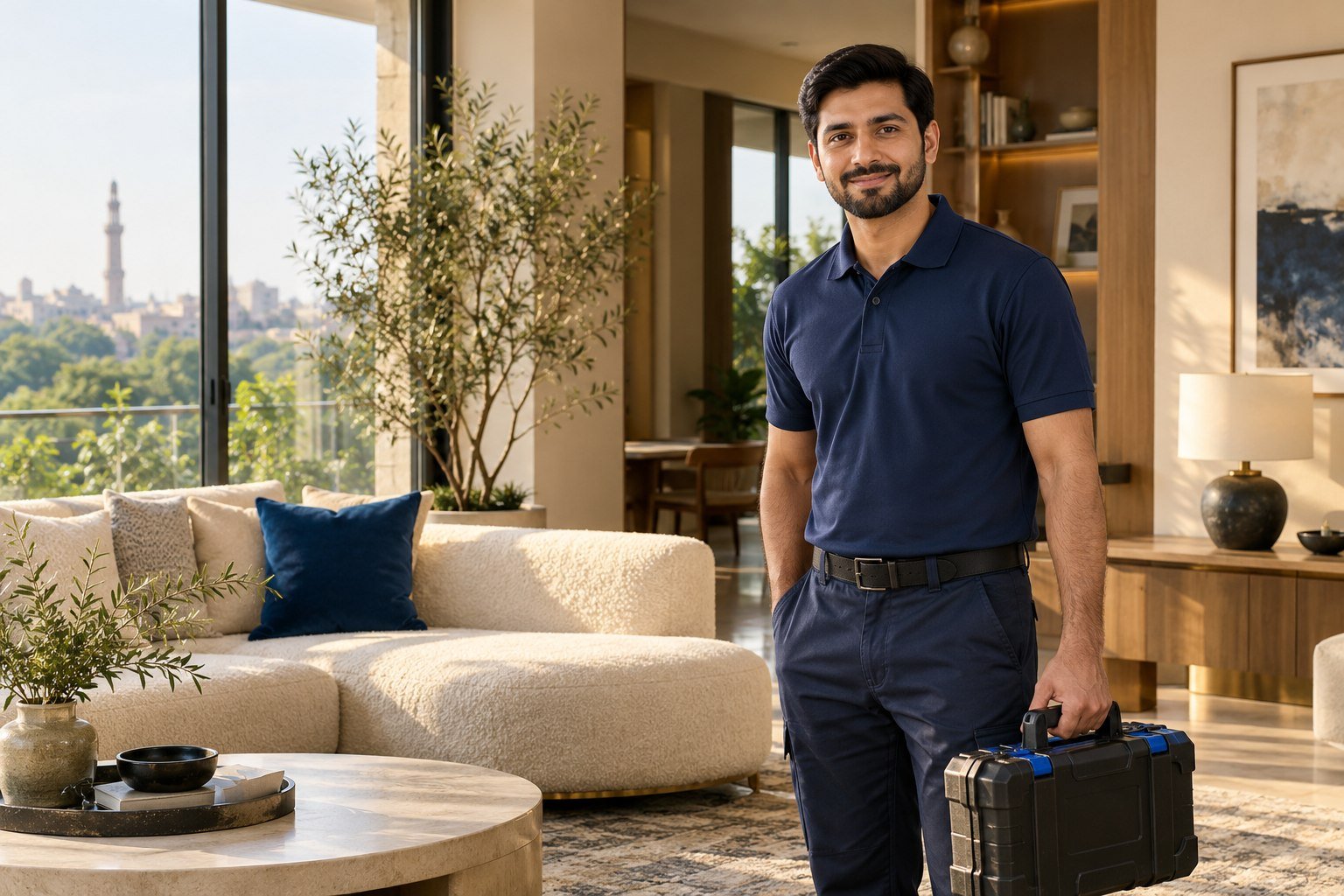 Illustrative home service professional in a contemporary living room